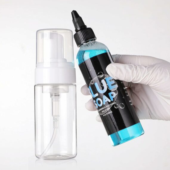 Savon bleu de tatouage Solong 4OZ + solution de guérison apaisante nettoyante pour bouteille moussante de 100 ml