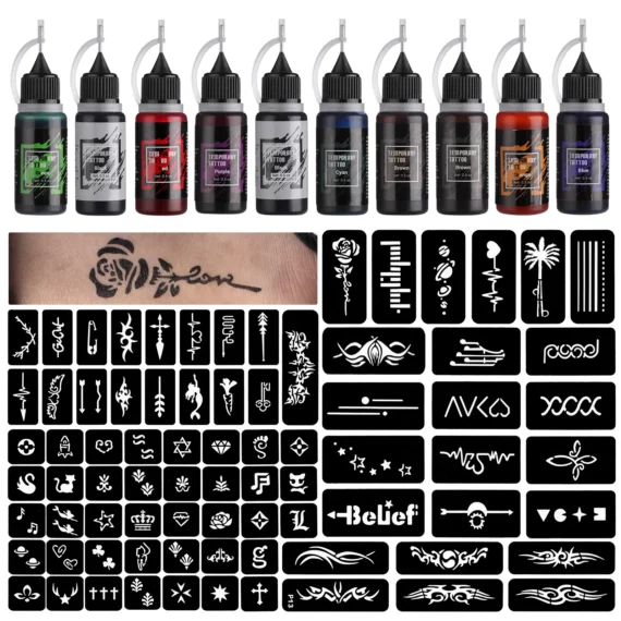 Solong Ink Temporary Tattoo Set med 8 färger och 84 mönster