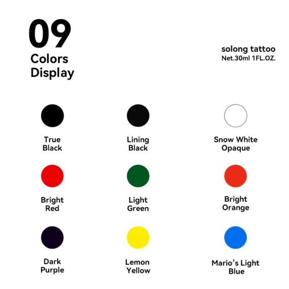 Ensemble de 9 couleurs, 1 oz - Encre de tatouage Solong Premium TI302S-30-9