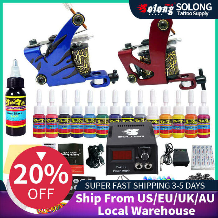 Solong 2 Tattoo Gun Complete Kit 14 Inks Power Supply Foot Pedal Needles Grips Tips TK210